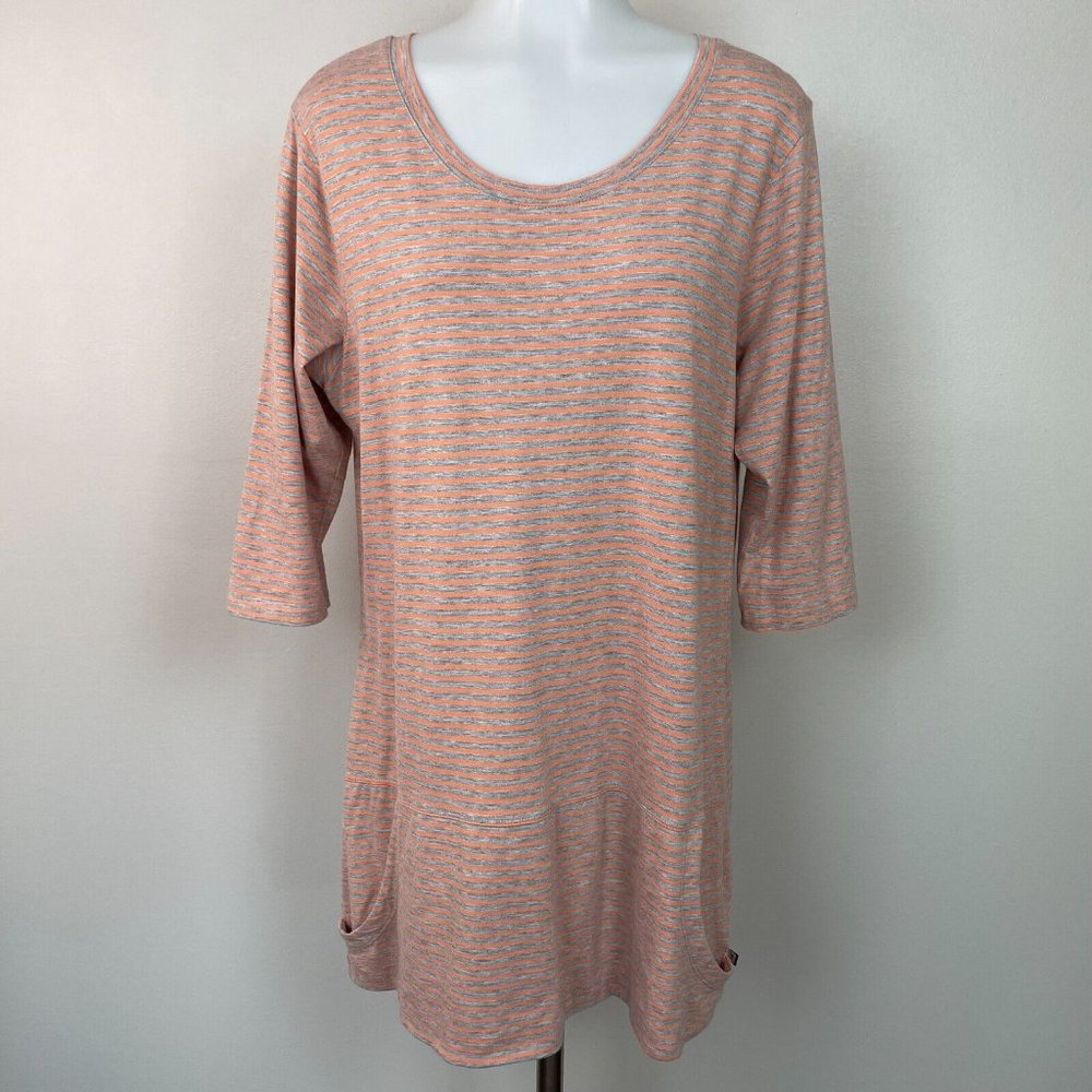 Toad & Co Ursa Tunic Top Large Orange Gray Striped 3/4 Sleeve Organic Cotton